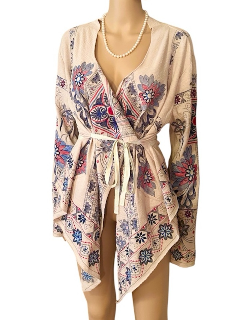 Sundance Women’s Size Large Kimono Floral Embroidered Two Tie Red Blue Cardigan